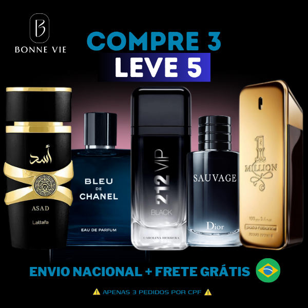 COMPRE 3 LEVE 5 Perfumes Importados (100ml) - 1 Million | 212 Black | Invictus | Assad | Bleu