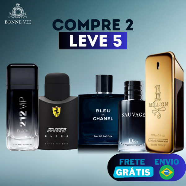 COMPRE 2 LEVE 5 Perfumes Importados (100ml) - 1 Million | 212 | Invictus | Ferrari Black | Bleu